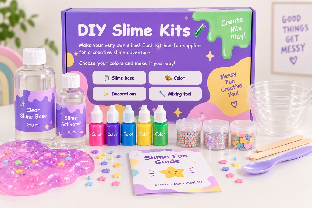 DIY slime kit with slime base, activator, colors, decorations, bowls, and mixing tools